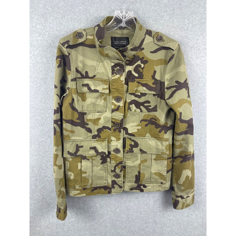 Sanctuary Jacket Women's S Green Camo Olive Snap Front Lightweight Coat Moto
